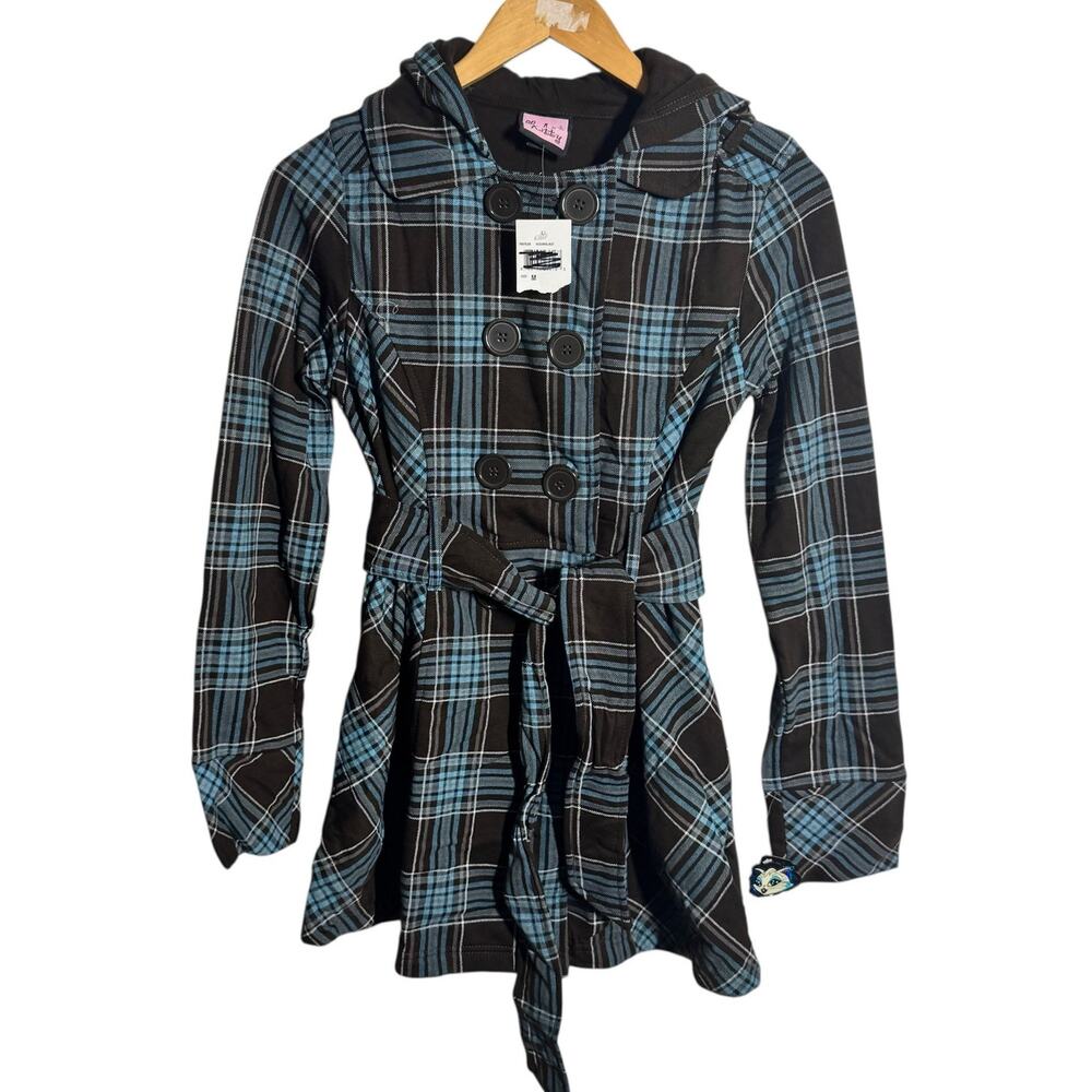 LA Kitty Y2K Hooded Jacket Juniors M Brown Blue Dead Stock Preppy Plaid Pocket